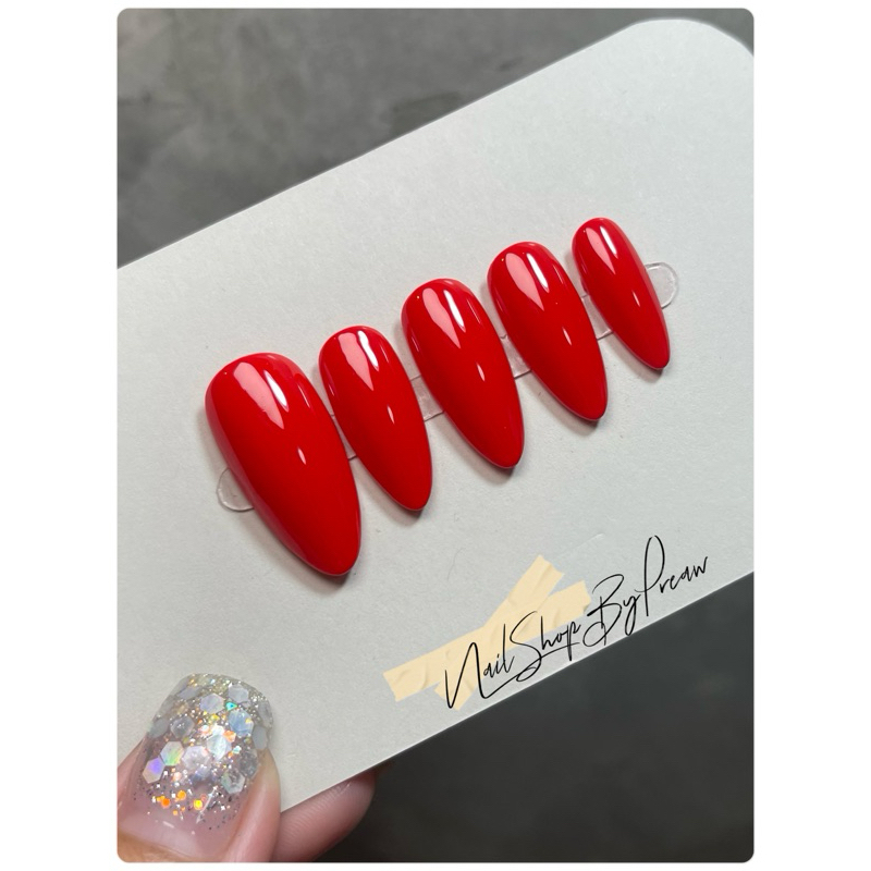 เล็บปลอมมือสีเจลแท้ สีแดงส้มสด เล็บปลอมสำเร็จรูป 📌ฟรีกาว+ตะไบทุกชุด📌