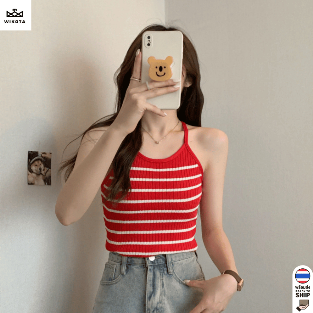 [W0268] สายเดี่ยวลายทาง เสื้อกล้าม สายเดี่ยวไขว้หลัง ทรงสลิมฟิต ผ้านุ่ม ใส่สบาย แมทซ์ง่าย ลุคเซ็กซี่ สไตล์เกาหลี