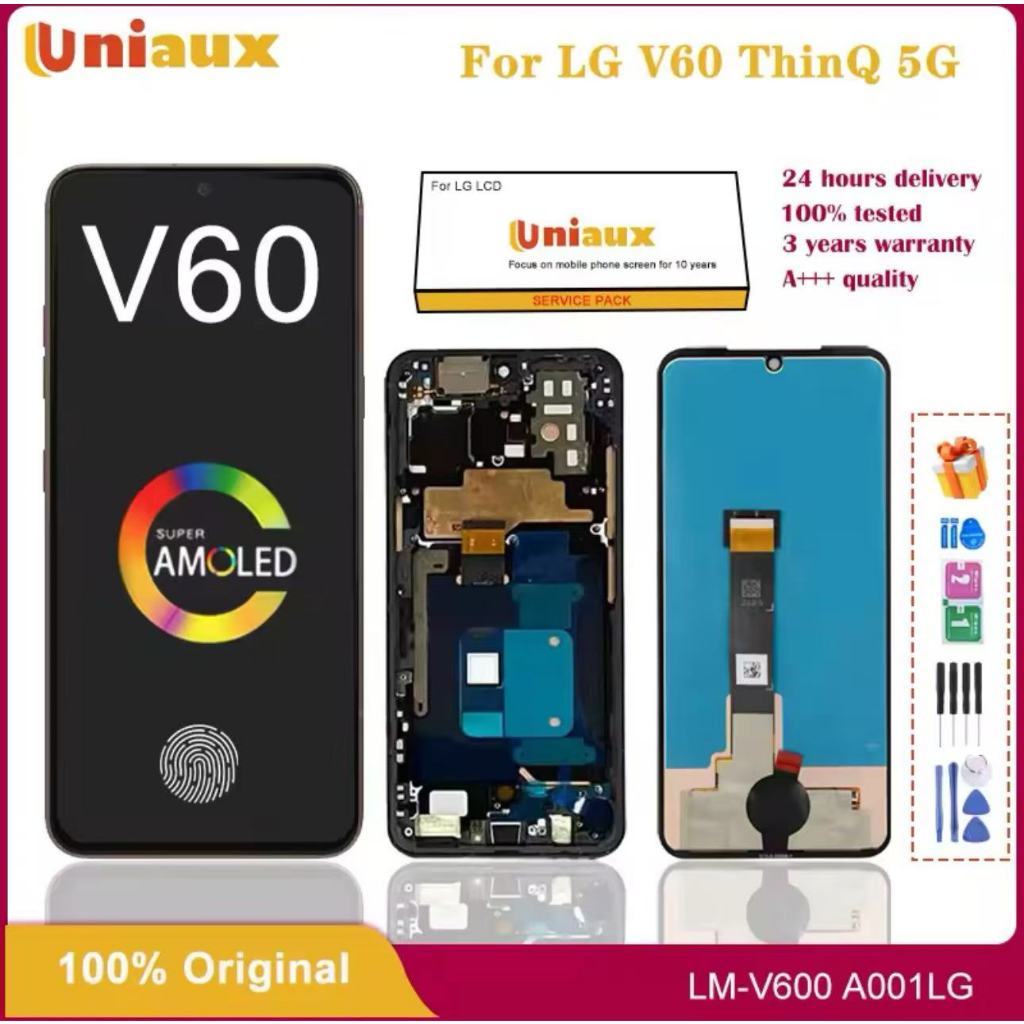 6.8 นิ้วเดิม AMOLED สำหรับ LG V60 ThinQ 5G V600 จอ LCD พร้อมกรอบหน้าจอสัมผัส Digitizer สำหรับ LG V6 