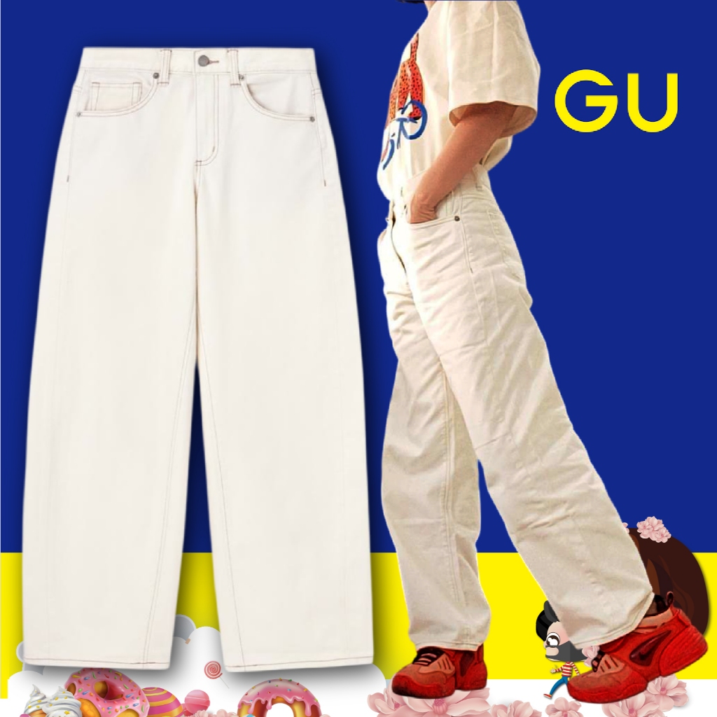 GU Low Rise Baggy Jeans กางเกงยีนส์สีขาวครีมขายาวทรงกระบอกใหญ่เอวต่ำขอบอยู่ประมาณสะดือ ทรงสวยมากงานแ