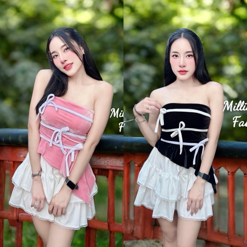 💰Pangpang💰 เสื้อครอป เกาะอก ระบายเฉียง แต่งสายคาดผูกโบว์ เสริมฟองน้ำ ผ้ากำมะหยี่
