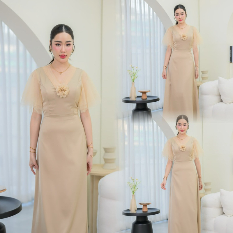 G123 ส่งฟรี ชุดเดรสออกงาน เดรสเพื่อนเจ้าสาว เดรสไปงาน s -2xl ใส่สวยมากกกก แถมดอกไม้เข็มกลัด1ดอก รูปที่ 5