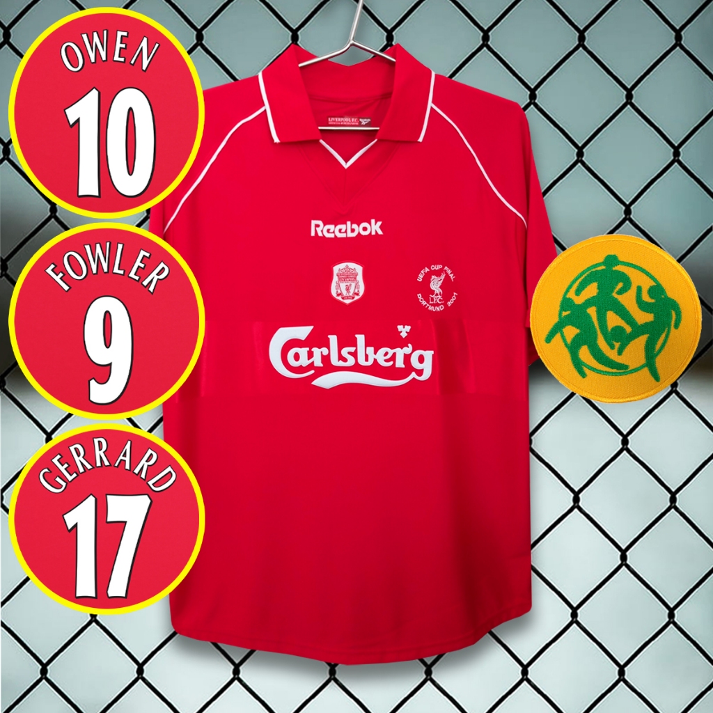 เสื้อฟุตบอลย้อนยุคทีม ลิ เวอ พู เหย้า สีแดง รุ่นแชมป์ยูฟ่าคัพปี 2000-01 RT0097 รับทำชื่อเบอร์ ไซส์เอเชีย S-2XL