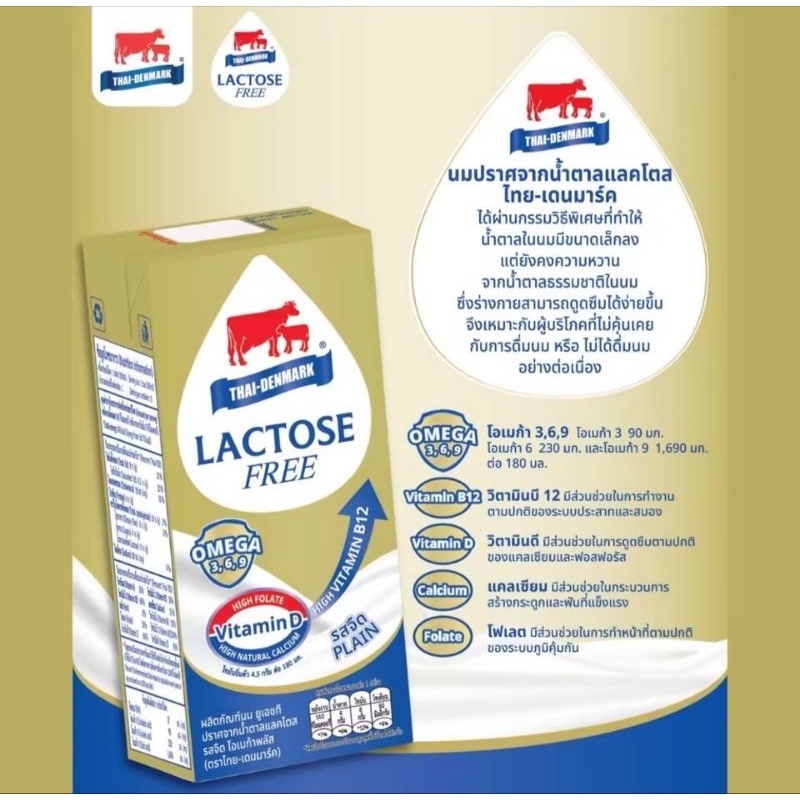 นมไทย-เดนมาร์ค U.H.T. Lactose Free +  Omega (ปราศจากน้ำตาลแลคโตส + โอเมก้า) รสจืด 180 x 36 (ยกลัง) ห