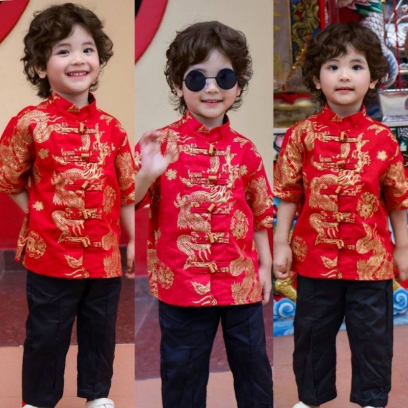 ชุดตรุษจีนเด็กชาย ชุดอาตี๋อินเตอร์ 2026 ชุดสีแดง เสริมมงคล ชุดจีน ไซส์100-160 มั่งมีศรีสุขเทศกาลตรุษจีน