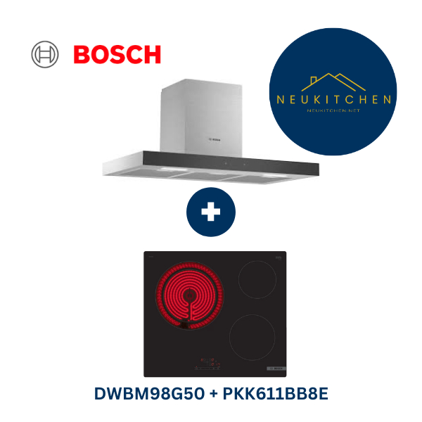 BOSCH ชุดเซ็ต เตาไฟฟ้าเซรามิค PKK611BB8E 60ซม. 3Zone T + เครื่องดูดควันกระโจม รุ่น DWBM98G50