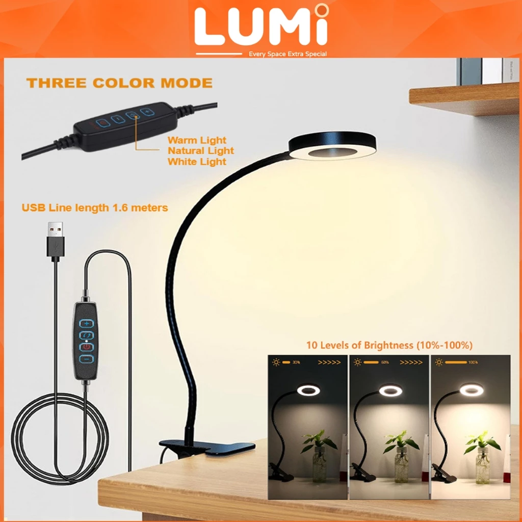 LUMi โคมไฟตั้งโต๊ะ LED แสงขาวปรับได้ 3 ระดับ Table lamp โคมไฟเสริมความงาม usb โคมไฟต่อขนตา พร้อมแคลมป์ ปรับระดับได้