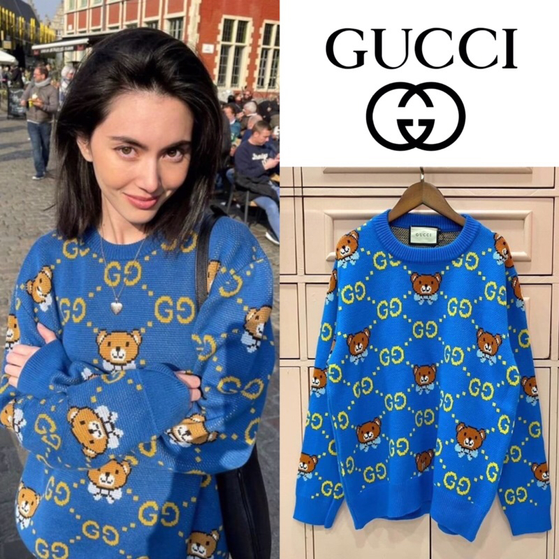 เสื้อสเวตเตอร์แขนยาว Kai x Gucci GG Jacquard Jumper Dark Blue Teddy Bear Wool Cotton Blend Crewneck