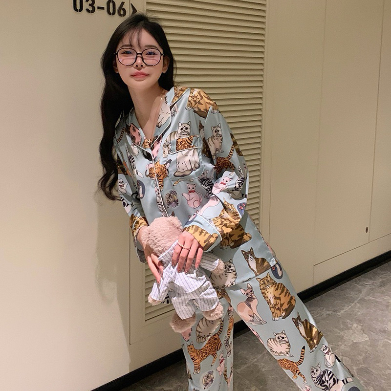 ชุดนอนแขนขายาว ผ้าซาตินเกรดพรีเมี่ยม ชุดนอนลายการ์ตูน ชุดนอนน่ารัก