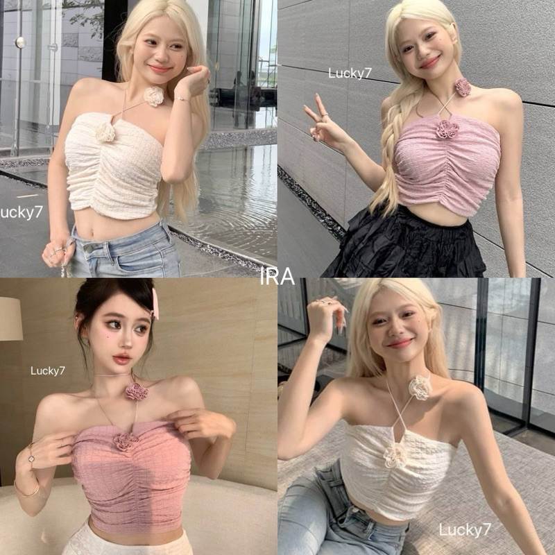 BY IRa (900) Honey Tube Top เสื้อท็อปสายเดี่ยว แต่งสายคล้องคอมีดอกไม้ ดีเทลรูดหน้าสุดเก๋ สวยจ้ะสาววว!!!!
