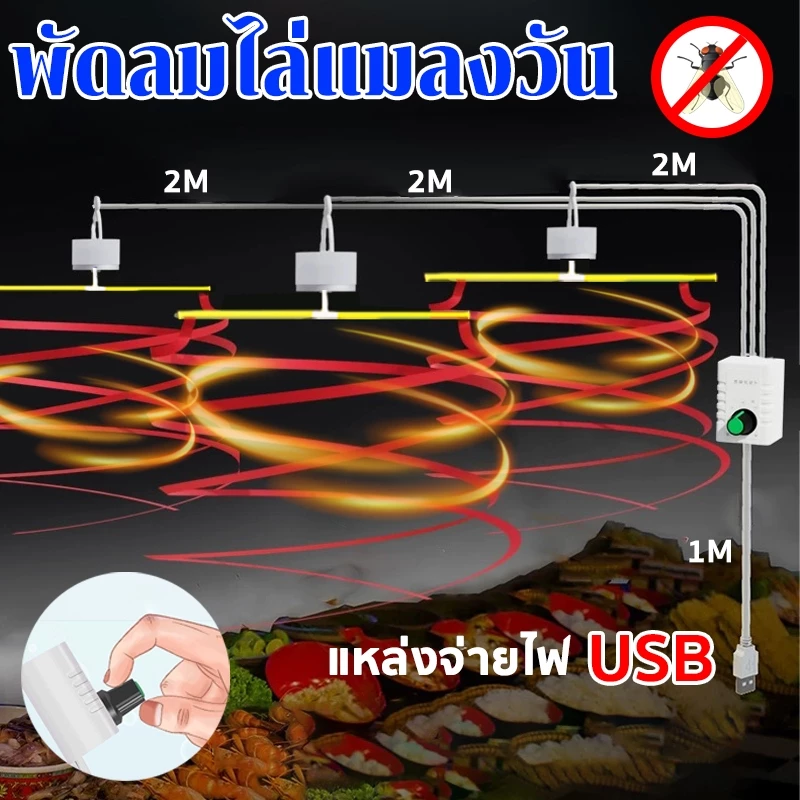 พัดลมไล่แมลงวัน พัดลมแขวนไล่แมลงวัน ปรับความเร็วได้ แหล่งจ่ายไฟ USB เหมาะสำหรับตลาดเนื้อสัตว์ ห้องครัว ฯลฯ