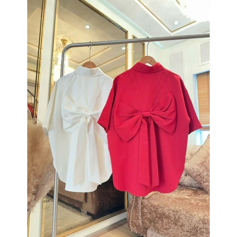 เสื้อเชิ้ตแขนสั้น (ผ้า Pepe) 🦋 ผูกโบว์หลัง กระดุมหน้า !!