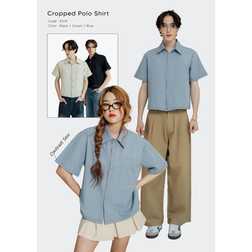 KINS | เสื้อเชิ้ตแขนสั้นทรงครอป Shirt crop เสื้อเชิ้ต มี 3 สี ของขวัญวาเลนไทน์ เสื้อคู่ (KS14)
