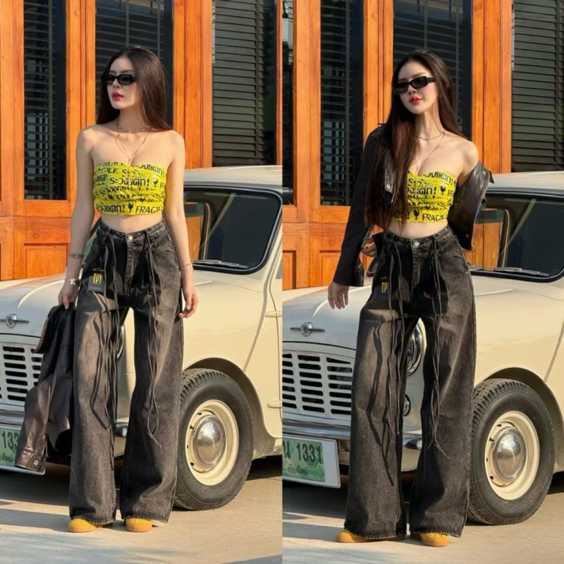 jeans รุ่นเชือก สีดำฟอก (patima) ผ้ายีนส์ไม่ยืดไซต์S กลิ่นหอม