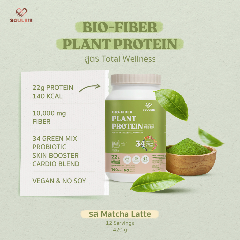 Soulsis Plant Protein โปรตีนพืช สูตรBio-Fiber รสMatcha ชาเขียว แทนมื้ออาหาร เจ สร้างกล้ามเนื้อ