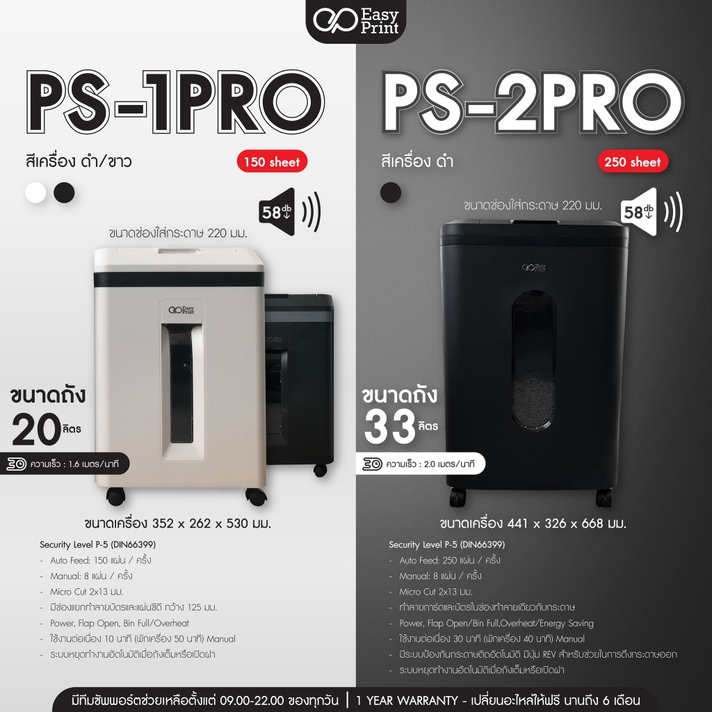 EasyPrint เครื่องทำลายเอกสาร Paper Shredder Auto Feed 150/250แผ่น รุ่น PS-1Pro/PS-2Pro ประกัน 1 ปี
