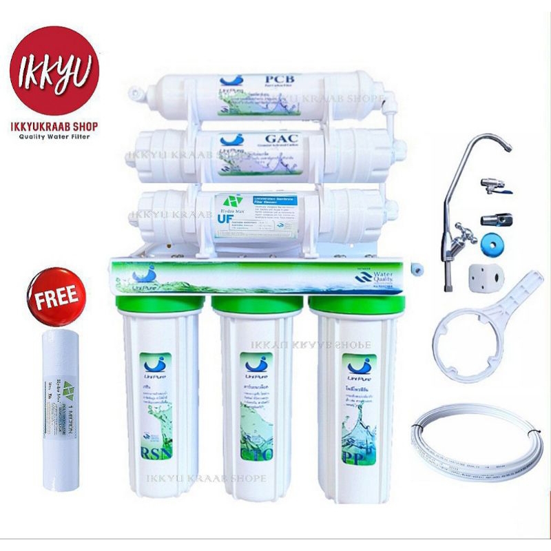 UNI PURE  GREEN CERAMIC   เครื่องกรองน้ำดื่ม 5-6 ขั้นตอน ฟรี PP 1 ชิ้น ระบบ Ceramic 0.3-0.8M(ของแท้รุ่นฝาเขียวกระบอกหนา)