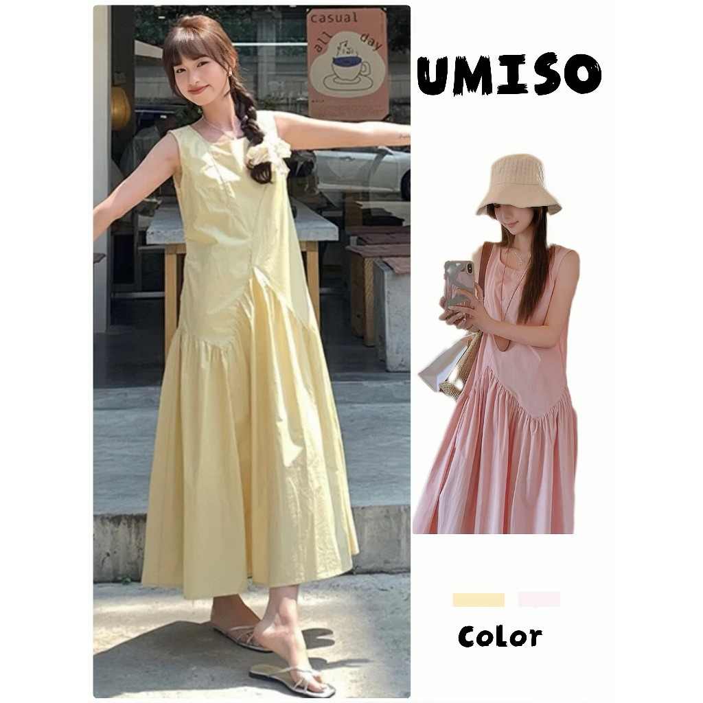 UMISO พร้อมส่ง✨ชุดเดรสยาว เดรสแขนกุด เดรสคอกลม ชุดเที่ยวทะเล เนื้อผ้าใส่สบาย เดรสทรงหลวม