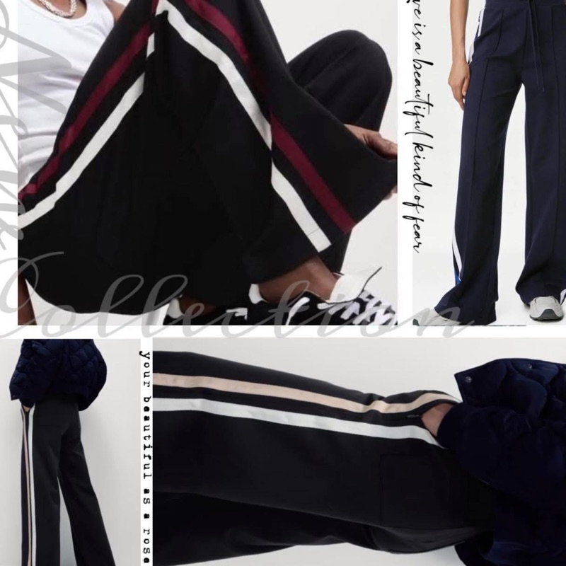 กางเกงวอร์มขายาวเอวสูงทรงกระบอกมีเชือกรูดเอว M&S Jersey Side Stripe Wide Leg Trousers สีดำแถบแดง/