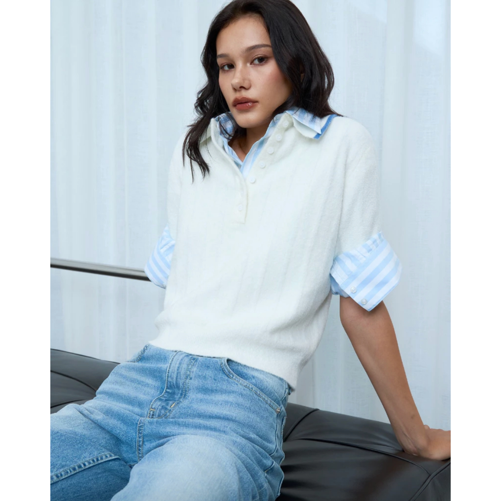 beforesunset_studio - Puff Polo เสื้อโปโลไหมพรม แขนสั้น texture terry ทำลายแนวตั้ง เนื้อผ้าไม่หนา  ส