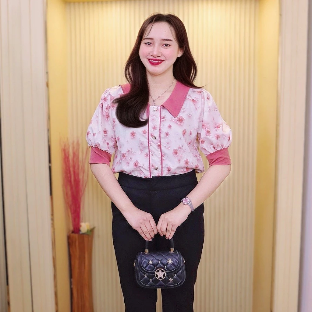 Richstyle J62 เสื้อเบลาส์สาวอวบ คอปกแขนสั้นลายดอกไม้