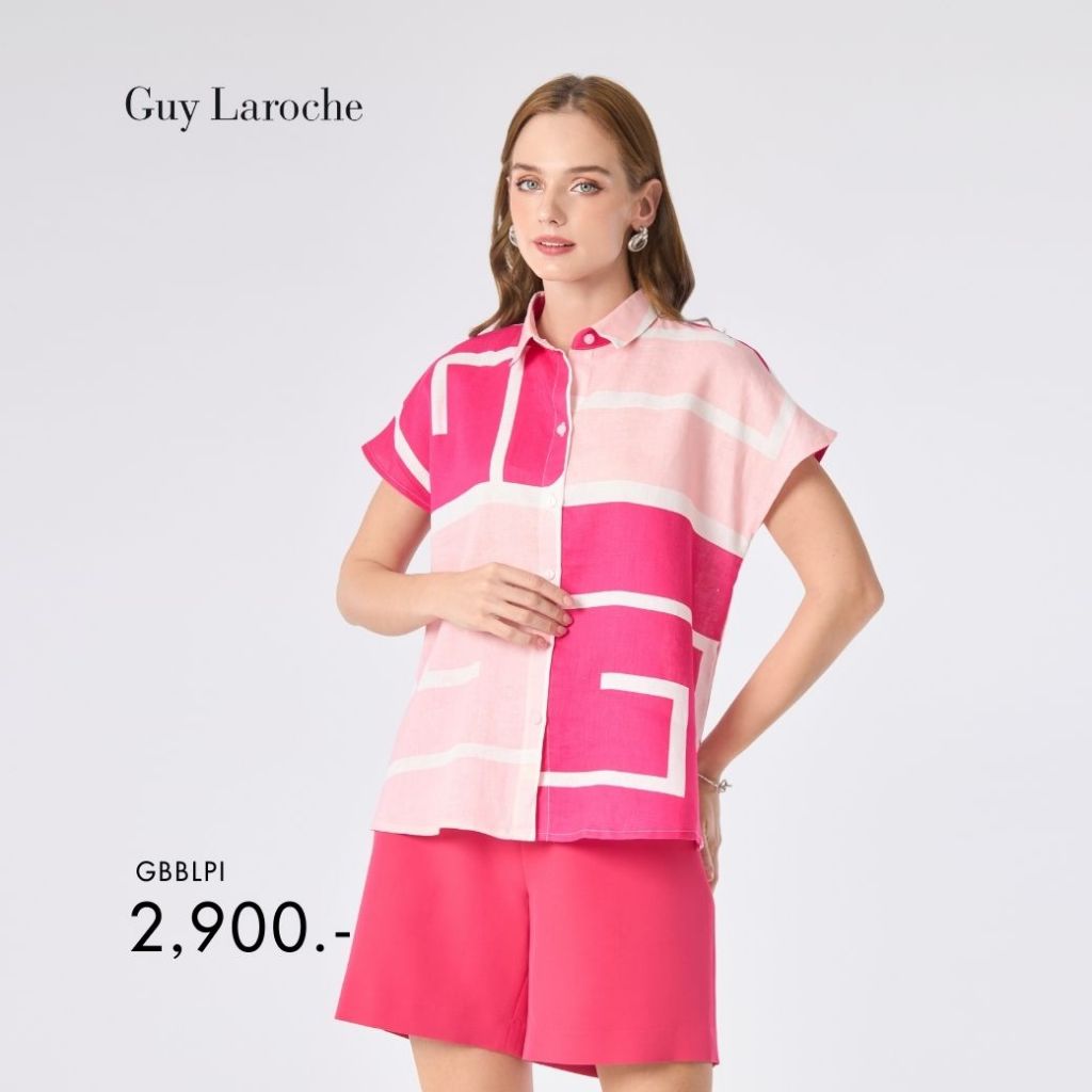 Guy Laroche Woman's shirt Light linen Pink logo เสื้อเชิ้ตผู้หญิง แขนล้ำ สีชมพู GBBLPI