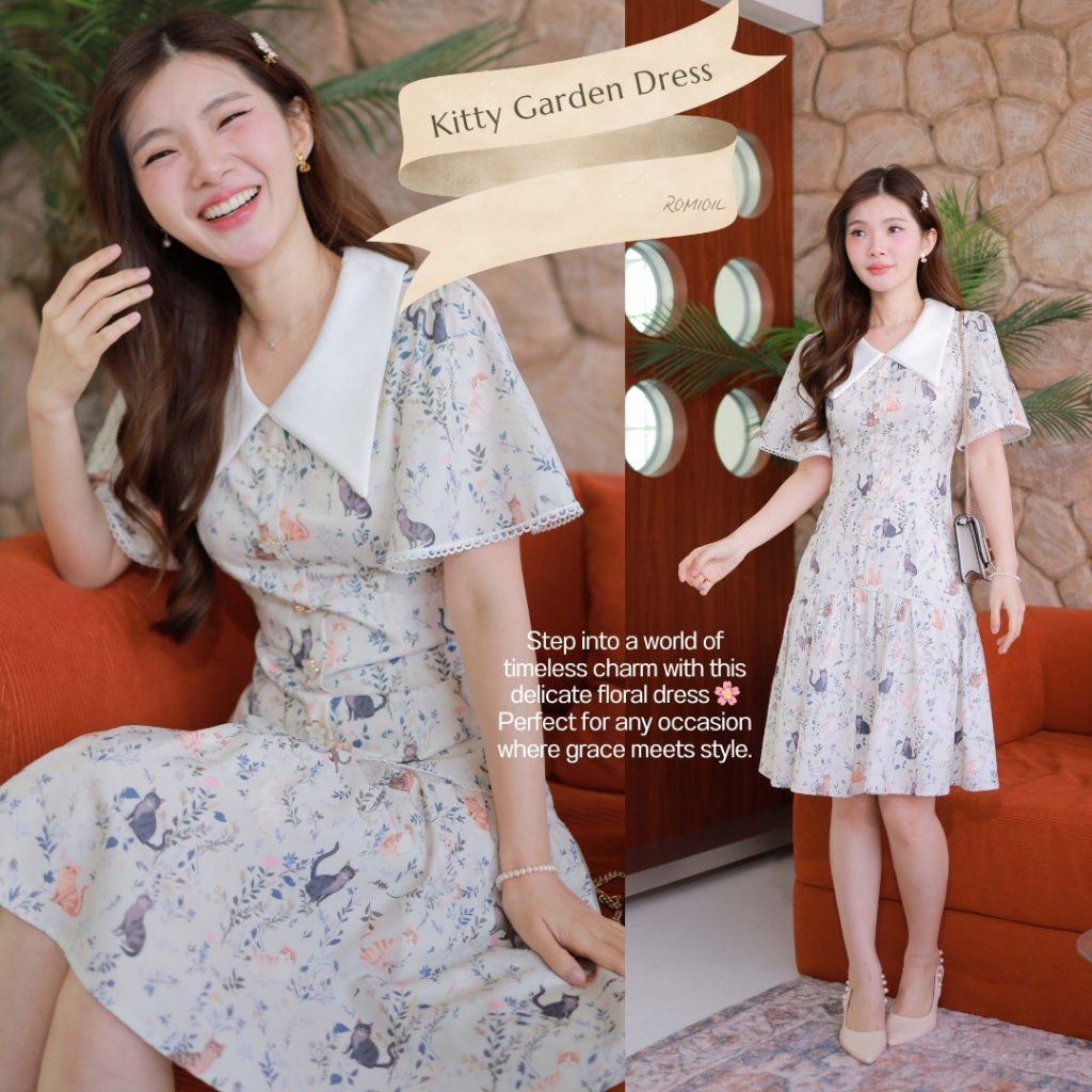 Romi"Oil" Kitty Garden Dress K109 ชุดเดรสลายแมว (คอปกแต่งกระดุมดอกไม้)