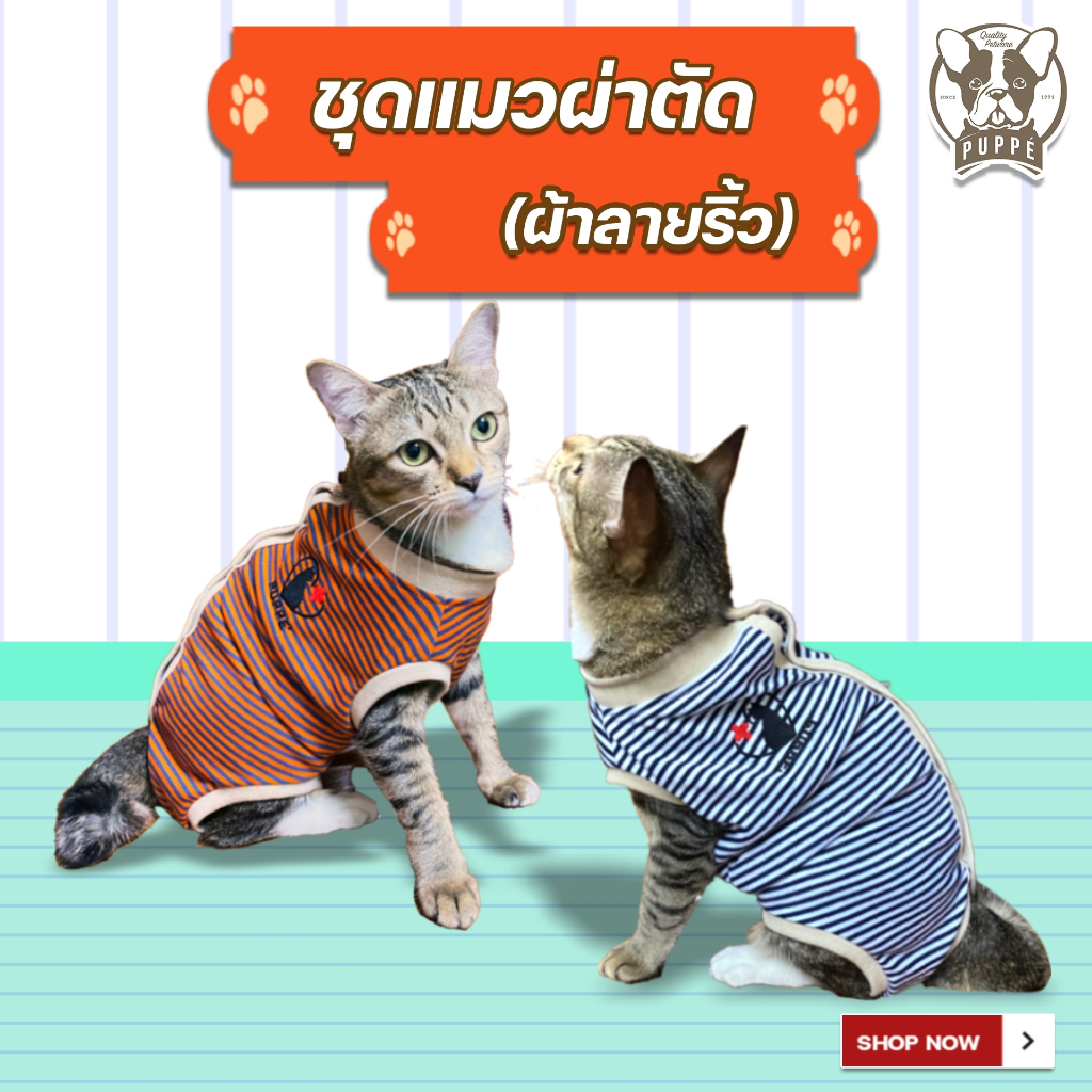 Puppé ชุดแมวผ่าตัดสำหรับแมว เสื้อแมว (ผ้าลายริ้ว) รหัส PEAC006