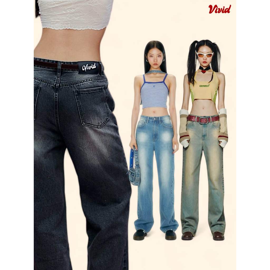 [ Vividvibe.co ] - Vintage washed jeans กางเกงยีนส์ฟอกสีทรงกระบอกตรง