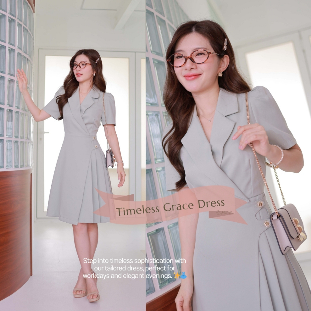 Romi"Oil" Timeless Grace Dress (Mint) J522 ชุดเดรสสีเขียวมินต์ (ติดกระดุมดอกไม้ด้านหน้า)
