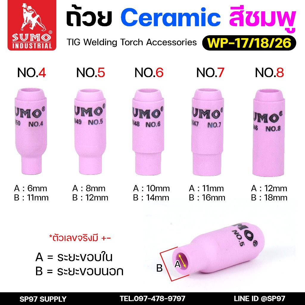 (1กล่อง10ชิ้น) Sumo Nozzle ถ้วยกระเบื้องชมพู สำหรับ เชื่อมอาร์กอน ซูโม่แท้ 100% เบอร์ 4,5,6,7,8 เลือกได้ในตัวเลือก