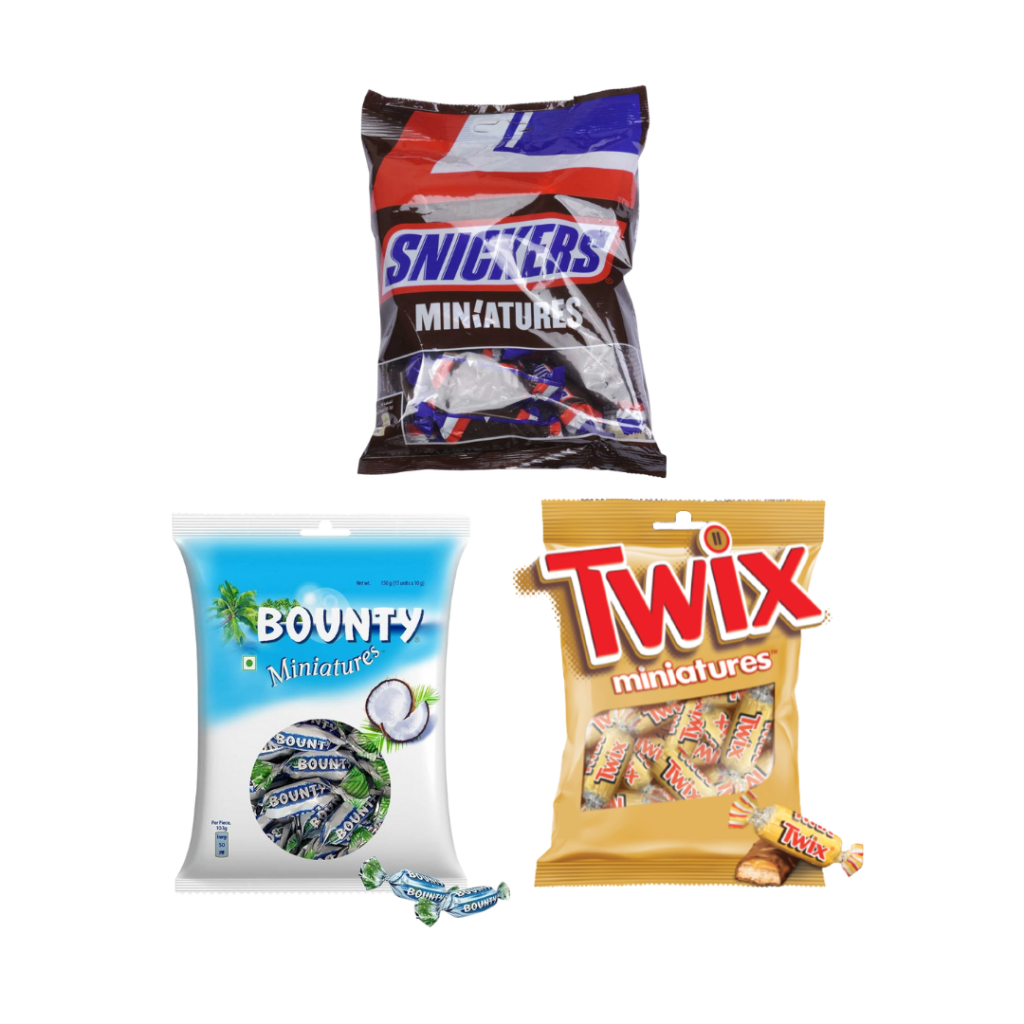 Miniatures รวมช็อกโกแลตแบรนด์ Snickers, Twix  และ Bounty น้ำหนัก 150 กรัม