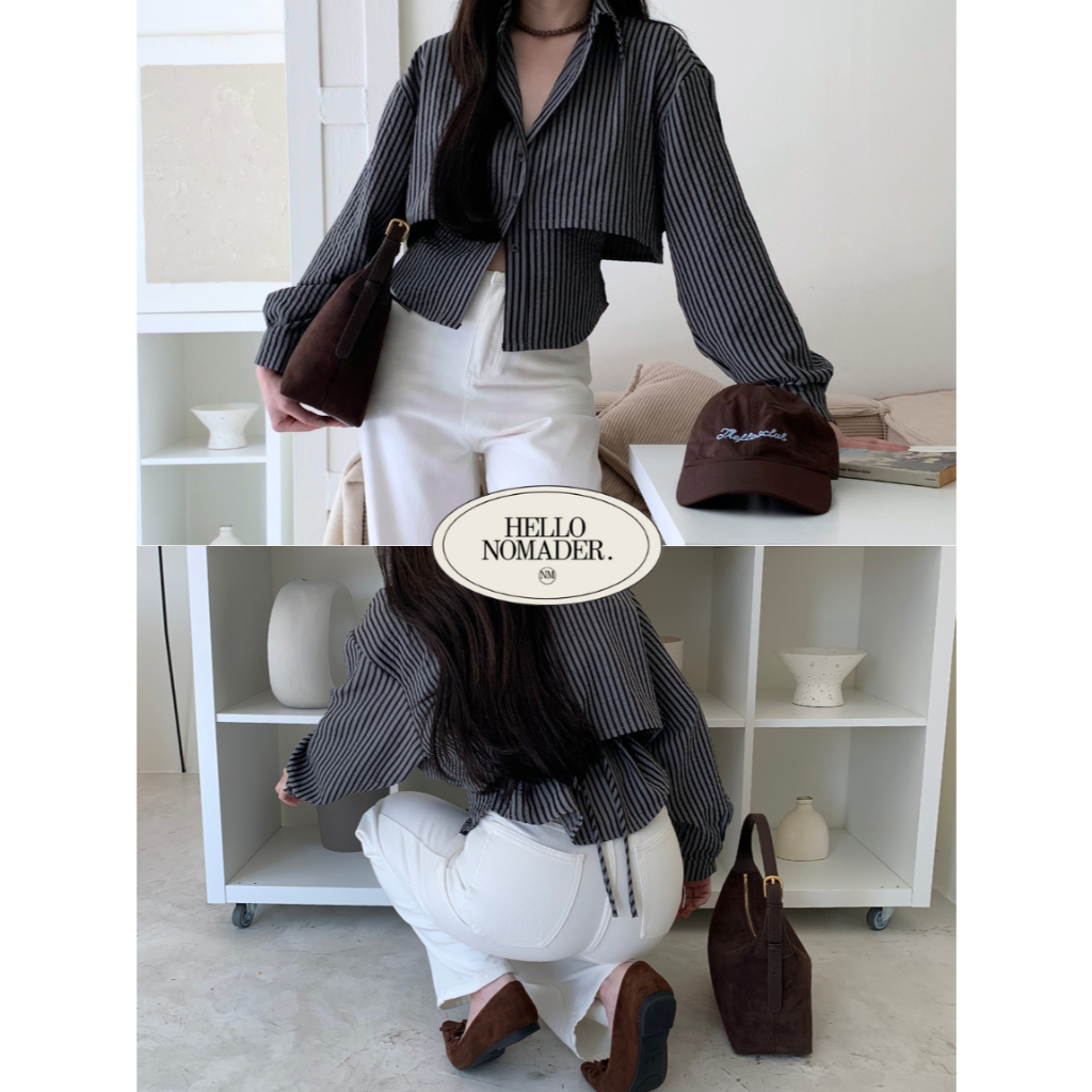 NOMADE.& พร้อมส่ง Salt&Pepper Shirt {เสื้อเชิ้ตลายทางผูกหลัง}