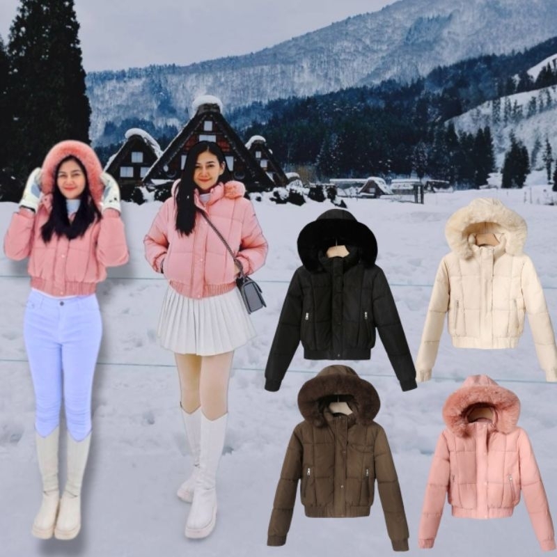 C57 โค้ทสั้นบุขนเฟอร์ สุดน่ารัก ราคาสุดคุ้ม มีหมวกฮู้ดในตัว