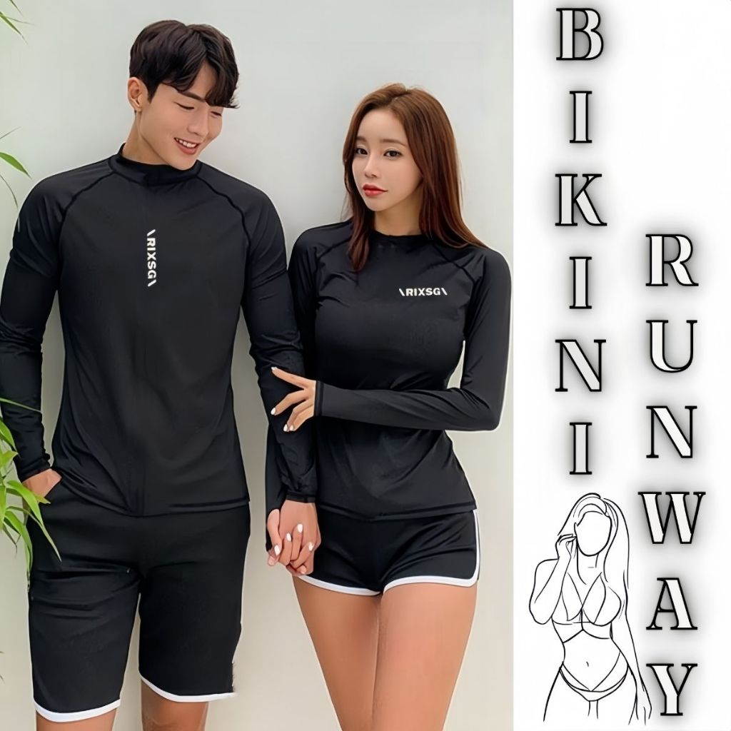 ชุดว่ายน้ำนักกีฬา ชุดว่ายน้ำคู่รัก ชุดว่ายน้ำสุดเท่ 🍅 เสื้อแขนยาว กางเกงขาสั้น ชุด 2 ชิ้น