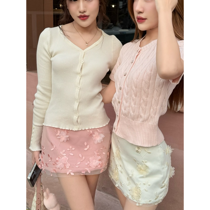 Rene_club - La Fleur skirt กระโปรงเอวต่ำผ้าซาตินดอกไม้