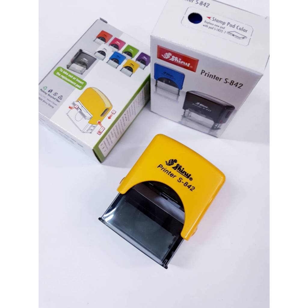 ด้ามตรายางตลับพลิกหมึกในตัว ด้ามเปล่าครบชุด Shiny s 842 (14x38mm) ไม่มีข้อความ หมึกสีน้ำเงิน สำหรับร