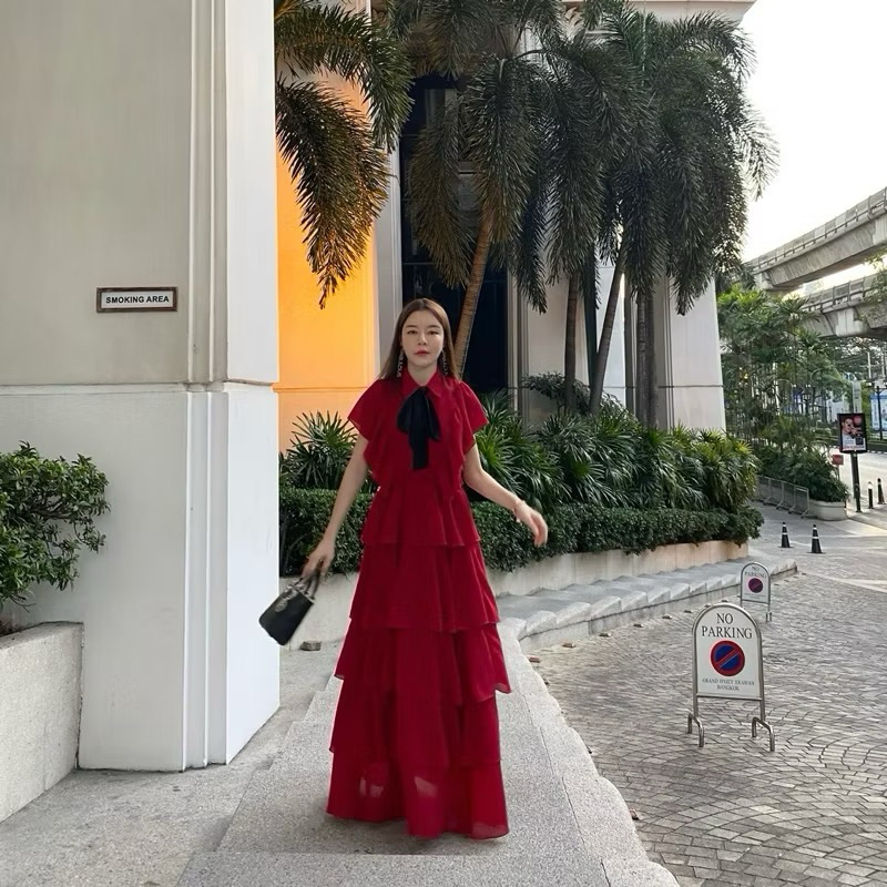 New with tag! FLAT2112 FF0031 : LADY DIANA Red เดรสยาวสีแดง size M