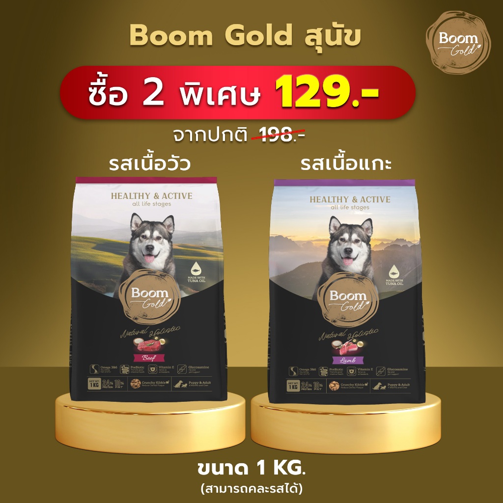 (Exp.21/03/25)Boom Gold บูมโกลด์ อาหารสุนัข เกรดพรีเมียม ลูกสุนัข สุนัขโต โปรตีนจากเนื้อแท้ ไม่เค็ม ย่อยง่าย ขนสวย 1 KG.