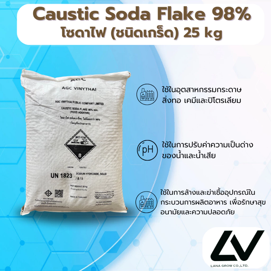 Soda Flake AGC ( Sodium Hydroxide ) 98% : โซดาไฟเกล็ด 98% 25kg