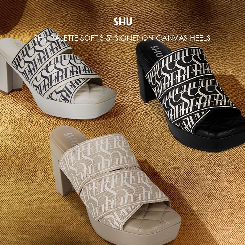 SHU PALETTE SOFT 3.5" SIGNET ON CANVAS HEELS รองเท้าแตะส้นสูง