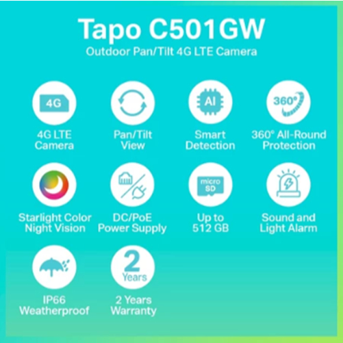 TP-Link Tapo C501GW กล้องใส่ซิม1080P Full HD ใช้งานภายนอกIP66 มี AIตรวจจับ ภาพสว่างสดใสแม้แสงน้อย มุมมอง360°แนวนอน