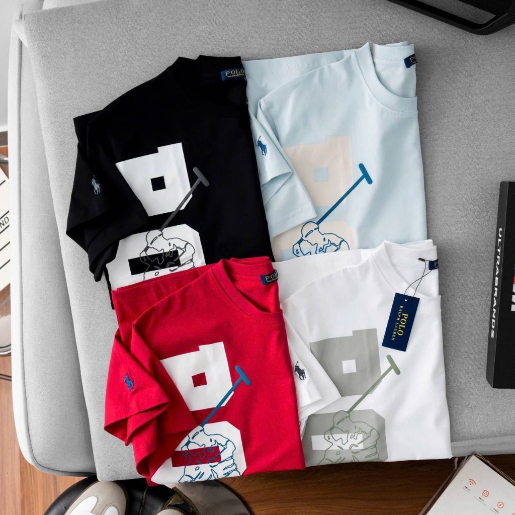 เสื้อยืด POLO คอกลมแขนสั้นด้านหน้าสกรีนลายโลโก้ POLO แถบใหญ่ เนื้อผ้าcotton