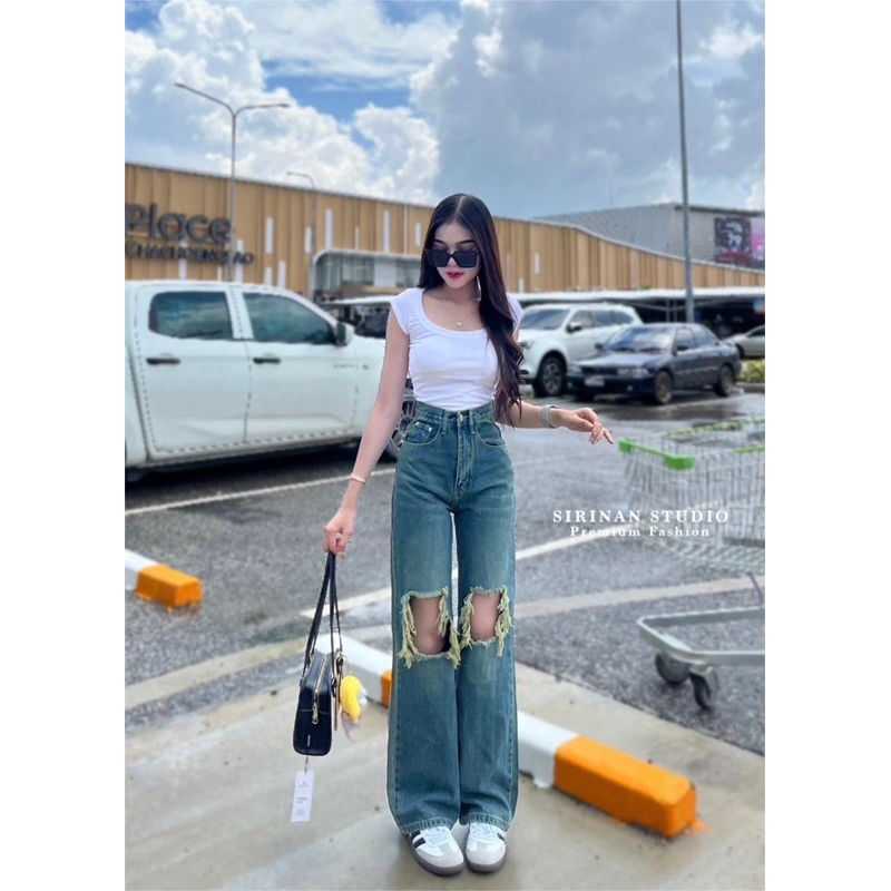 Sirinan Studio กระบอกใหญ่ขาดเข่าโบ๋สีสนิม(ผ้าไม่ยืด)