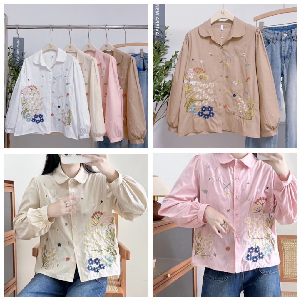 ป้าย My SHOP เสื้อผ้าคอตตอนแขนยาวปกบัวปักดอกไม้ด้านหน้า อก 42 นิ้ว ยาว 24 นิ้ว