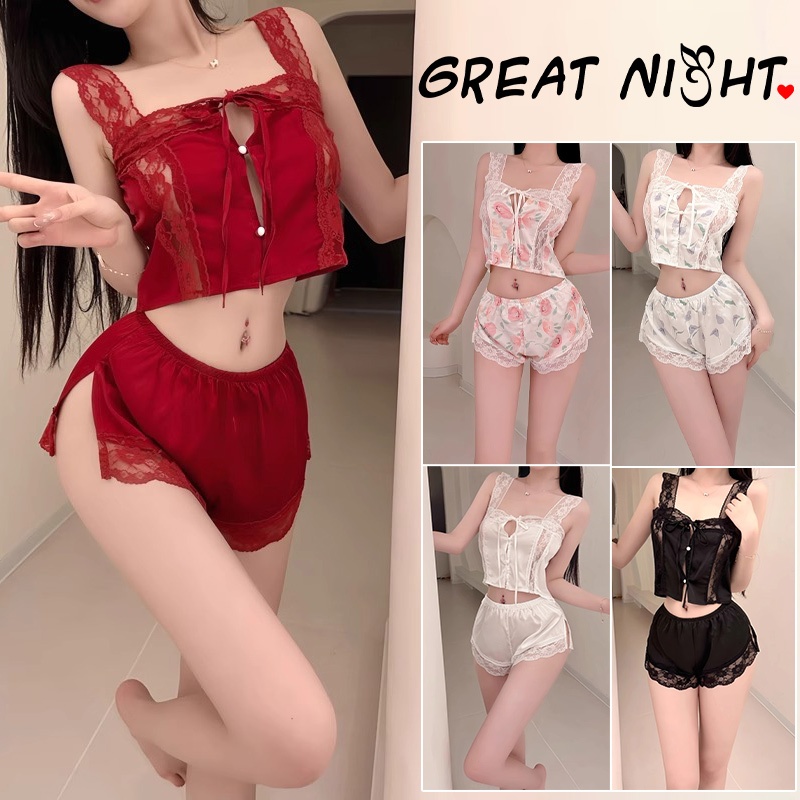 💮Great Night💮ชุดนอน ซาติน ชุดสองชิ้น ชุดนอนสายเดี่ยว ลายดอกไม้ ลูกไม้เซ็กซี่ ชุดอยู่บ้าน ใส่สบาย ส่งไวจากไทย