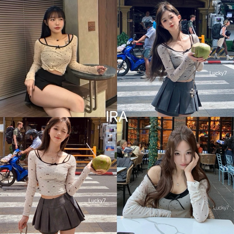 BY IRA Jenny 2-piece top (973/23209) ❤️‍🔥พร้อมส่ง 💗 เสื้อยืดลําลอง แขนยาว พิมพ์ลายจุด ประดับโบว์ สําหรับสตรี สไตล์เกาหลี
