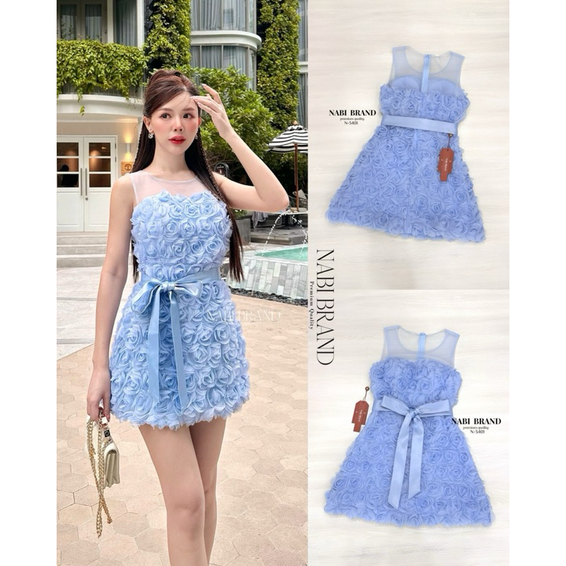 Code  ::  N-3401 เดรสเกาะอกผ้ากุหลาบ3D สีฟ้า งานป้าย Nabi
