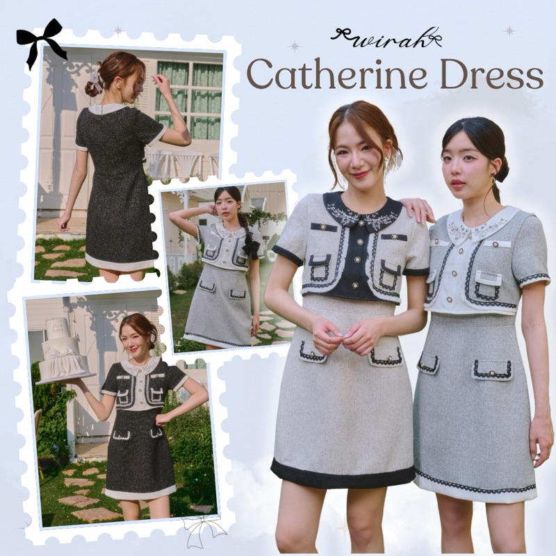Catherine Dress : DW78 ชุดเดรสผ้าทอทวิต ปกบัวแหลมปักลายดอกไม้ กระโปรงทรงเอ