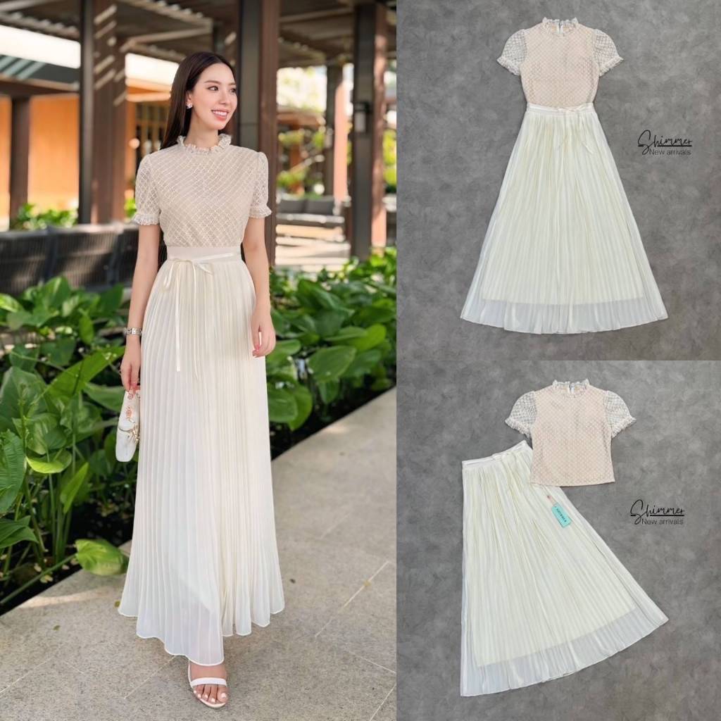 Shimmer Set เสื้อลูกไม้คอกลมแต่งระบาย แมทช์คู่กับกระโปรงชิฟฟอนอัดพลีทด้วยช่างมืออาชีพ